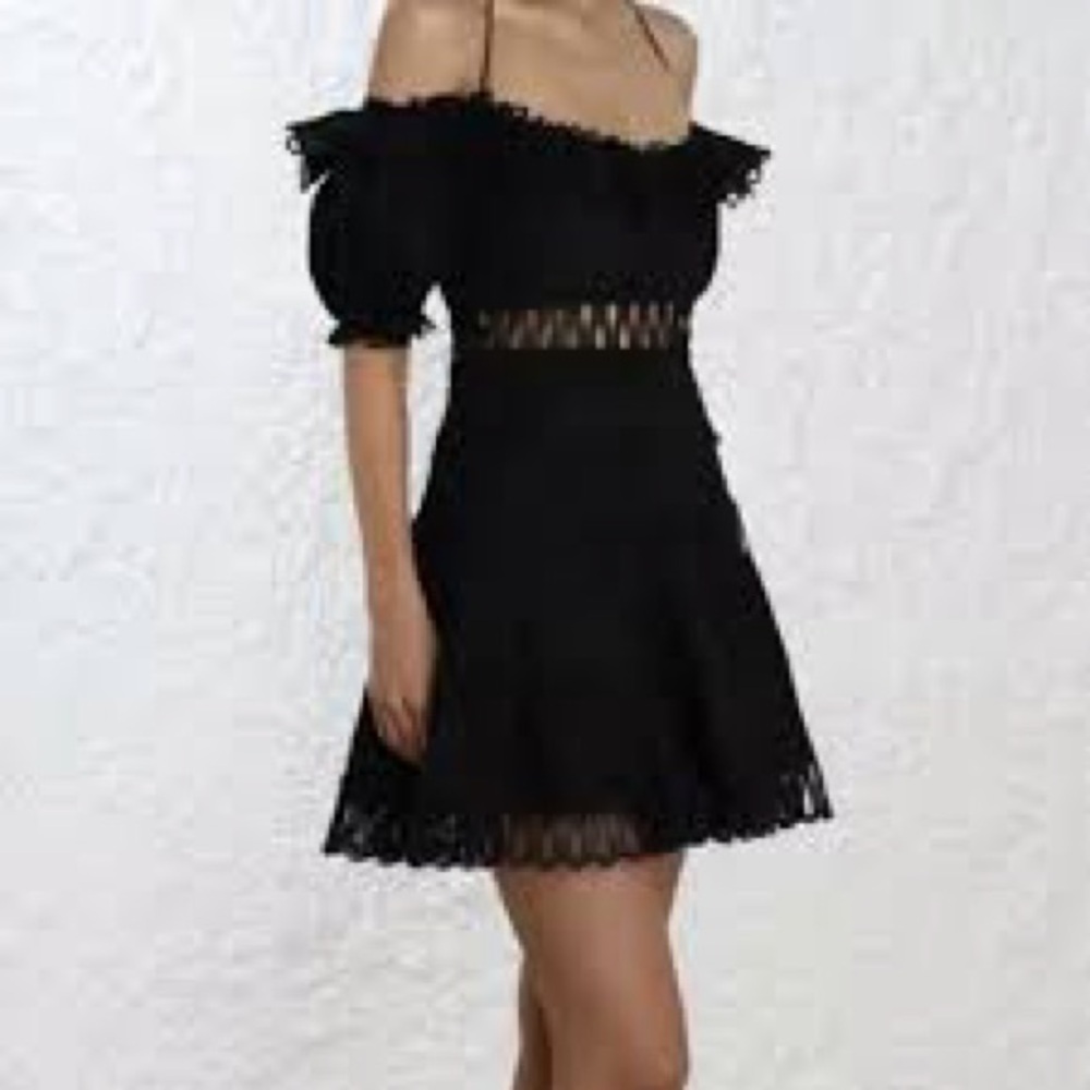 Zimmermann Black Off-Shoulder Lace Trim Mini Dress
